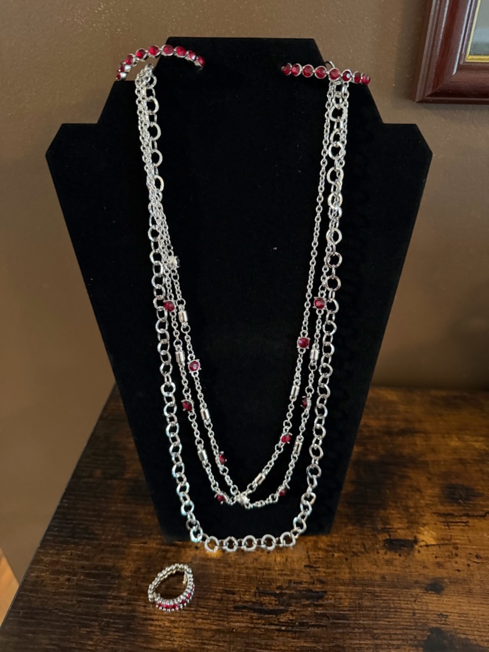 Silver Multi-Strand Necklace and Ring&Earrings with Red Stones